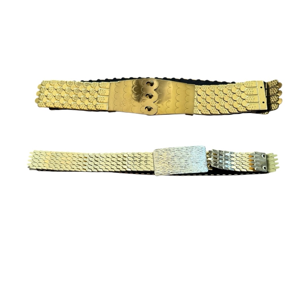 VTG 80s Gold Tone Fish Scale Art Deco Buckle Stretch Belts Disco Cocktail X2